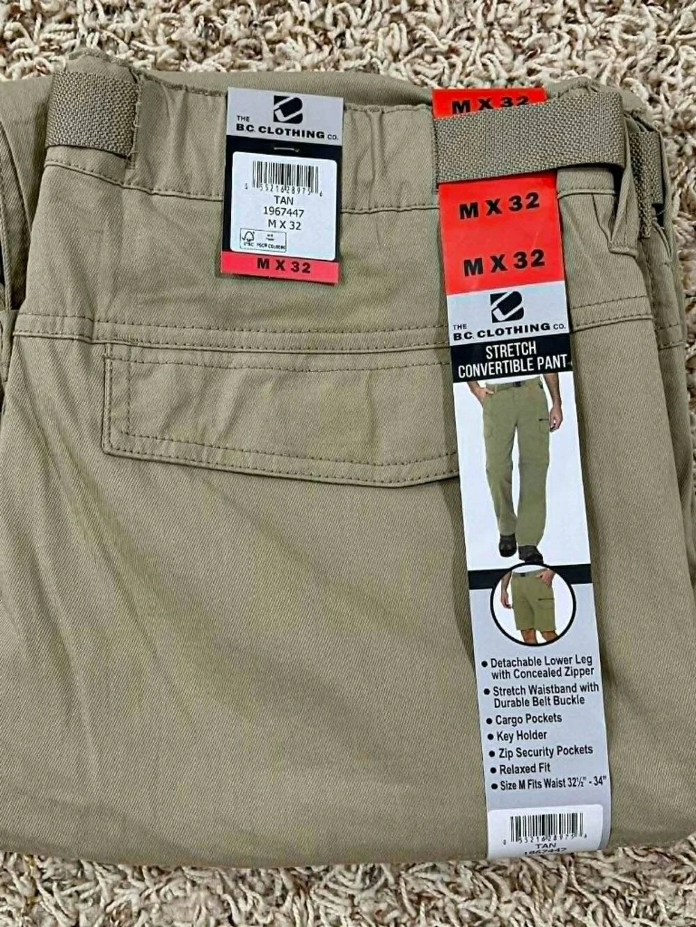 BC Clothing Men's Belted Convertible Pants Tan, Size M x 32 (New)